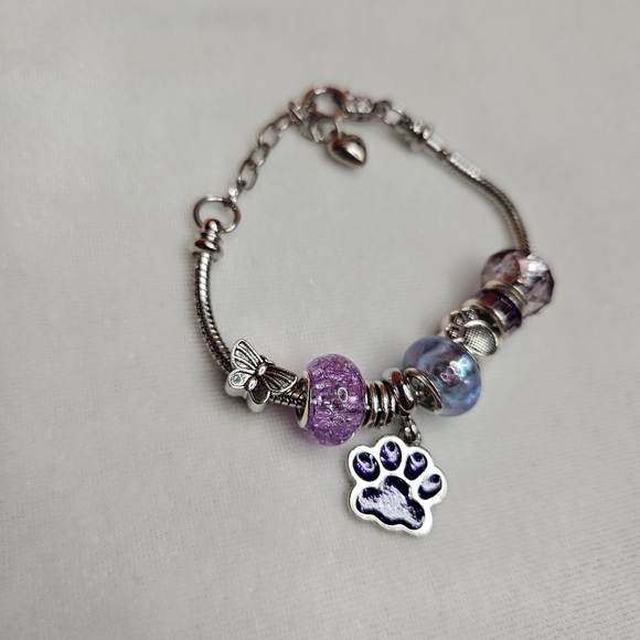 Purple Silver Beaded Silver Tone Animal Paw Glitter Charm Bracelet Clasp Closure - Picture 7 of 7